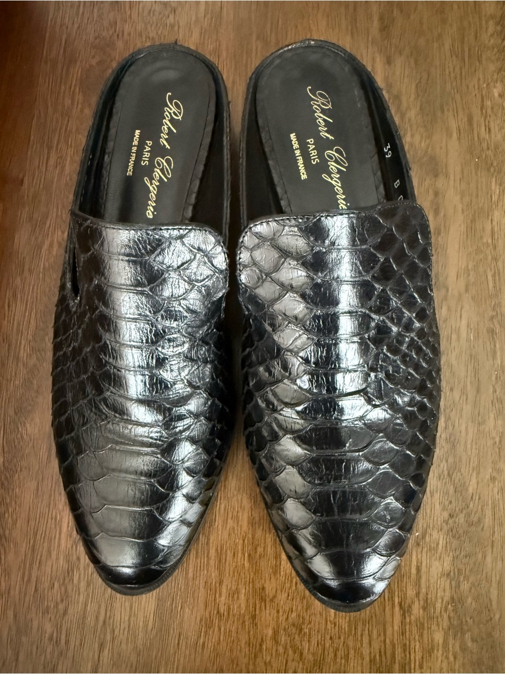 Robert Clergerie Paris Genuine Snakeskin Loafer Mules — Black — Size 39